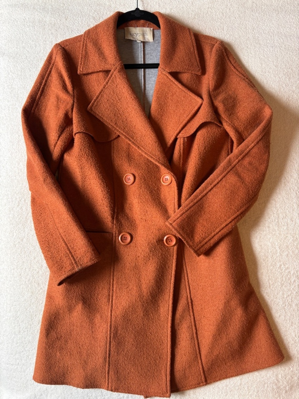 Lucy Paris Wool Blend Pea Coat Classic Double-Breasted - Rust Orange. Sz Small
